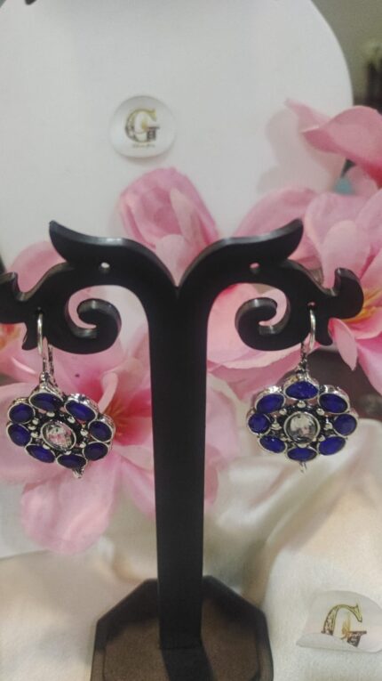 Silver-Toned Drop Earrings with Blue and Clear Accents