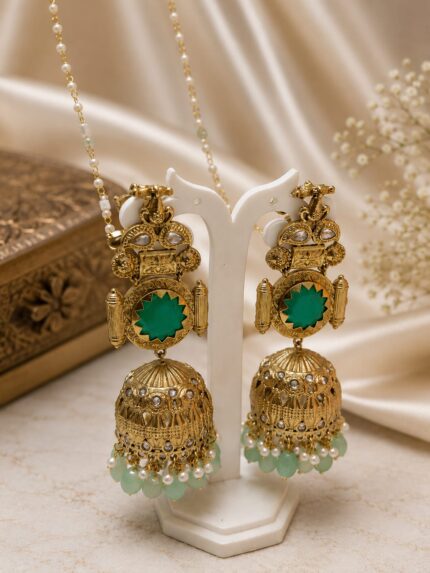 Pearl Kundan Ear Chain Jhumkas