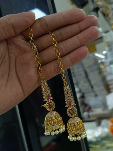 Royal Navratna Jhumka with Ear Chain.