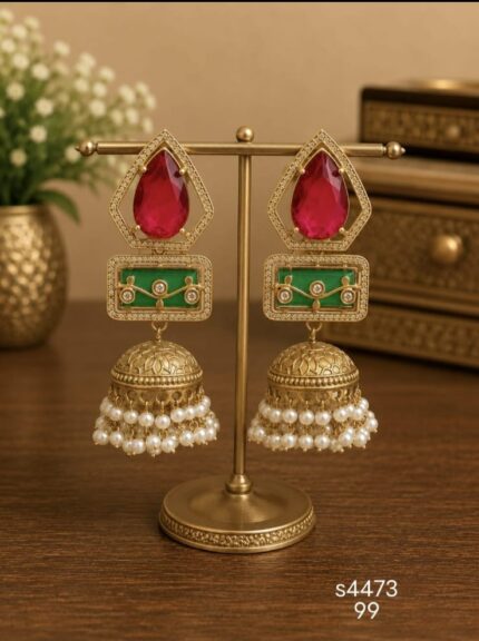 Ruby Emerald Heritage Pearl Jhumka Earrings.